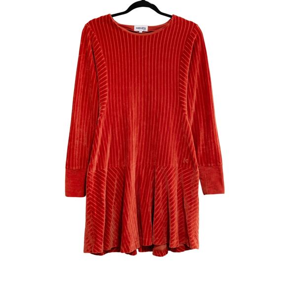 Kenzo Velvet Corduroy Dress Burnt Orange Drop Waist Dolman Sleeve Tunic SZ L - Picture 2 of 7
